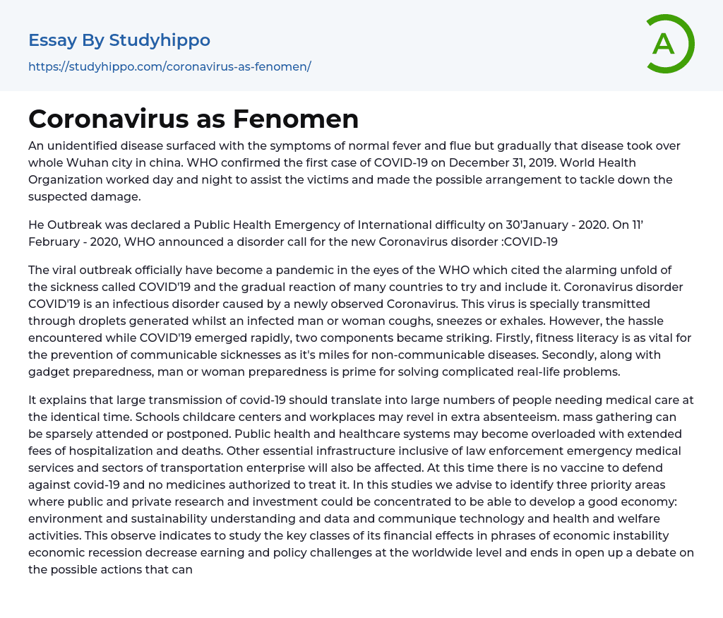 Coronavirus as Fenomen Essay Example