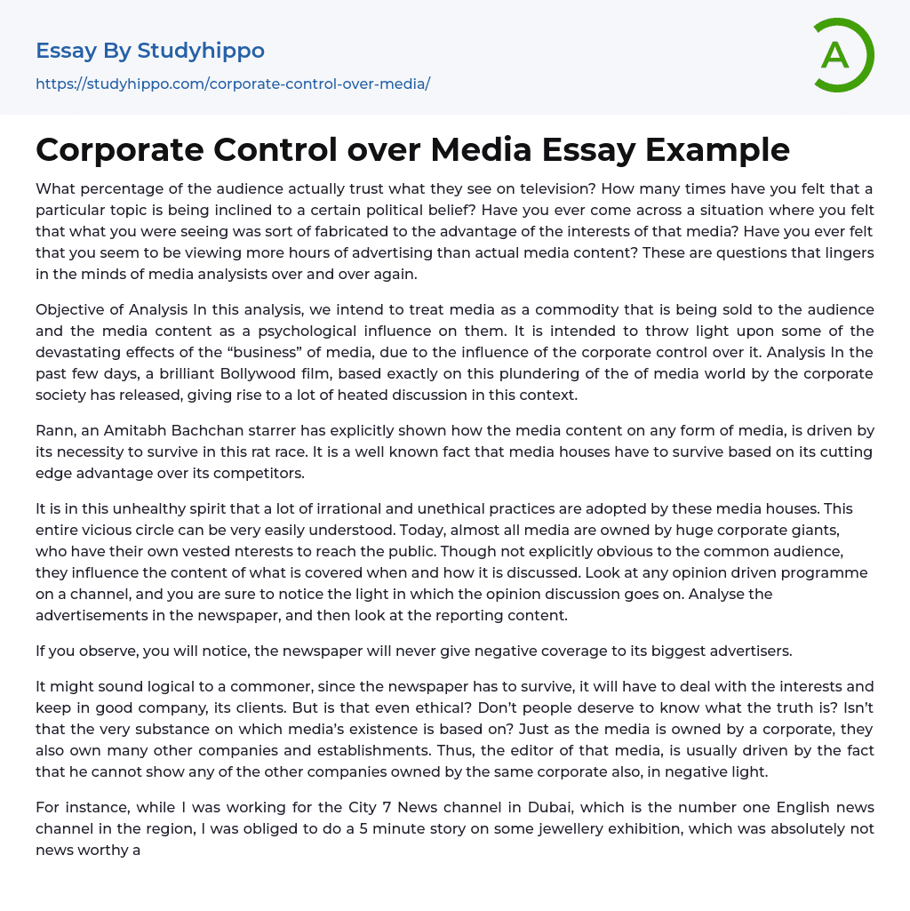 Corporate Control over Media Essay Example