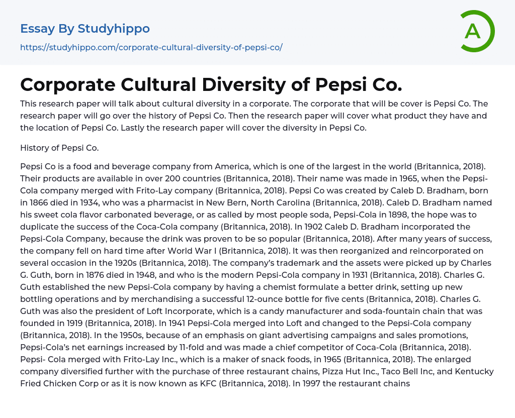 Corporate Cultural Diversity of Pepsi Co. Essay Example