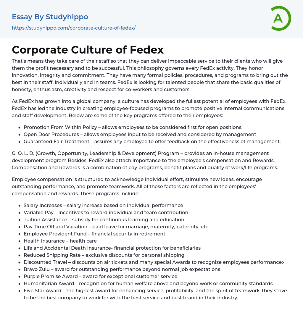 Corporate Culture of Fedex Essay Example