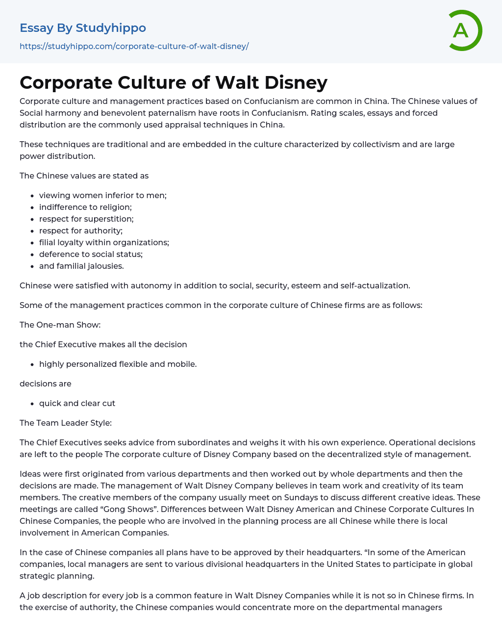 Corporate Culture of Walt Disney Essay Example