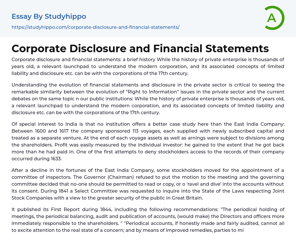 Corporate Disclosure and Financial Statements Essay Example