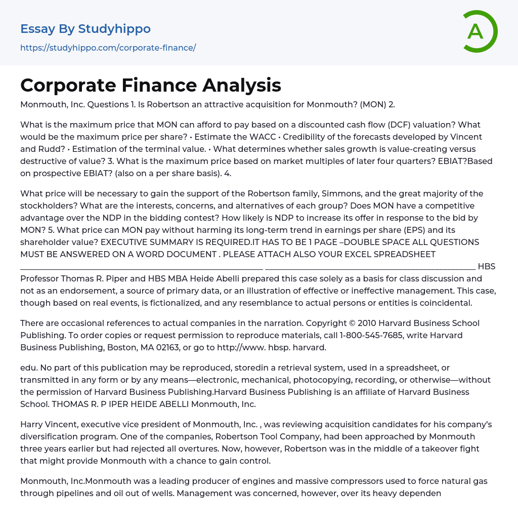 Corporate Finance Analysis Essay Example