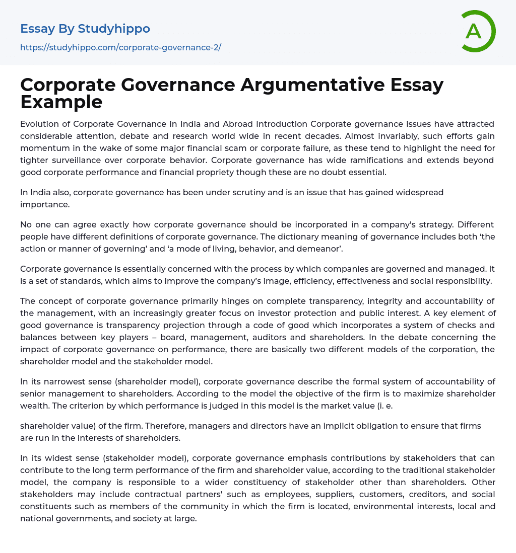 Corporate Governance Argumentative Essay Example