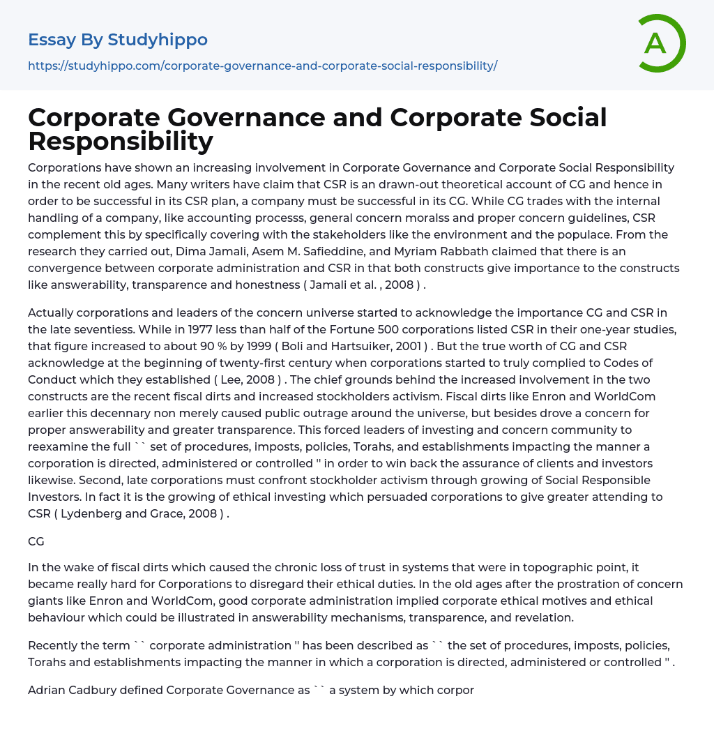 Corporate Governance and Corporate Social Responsibility Essay Example