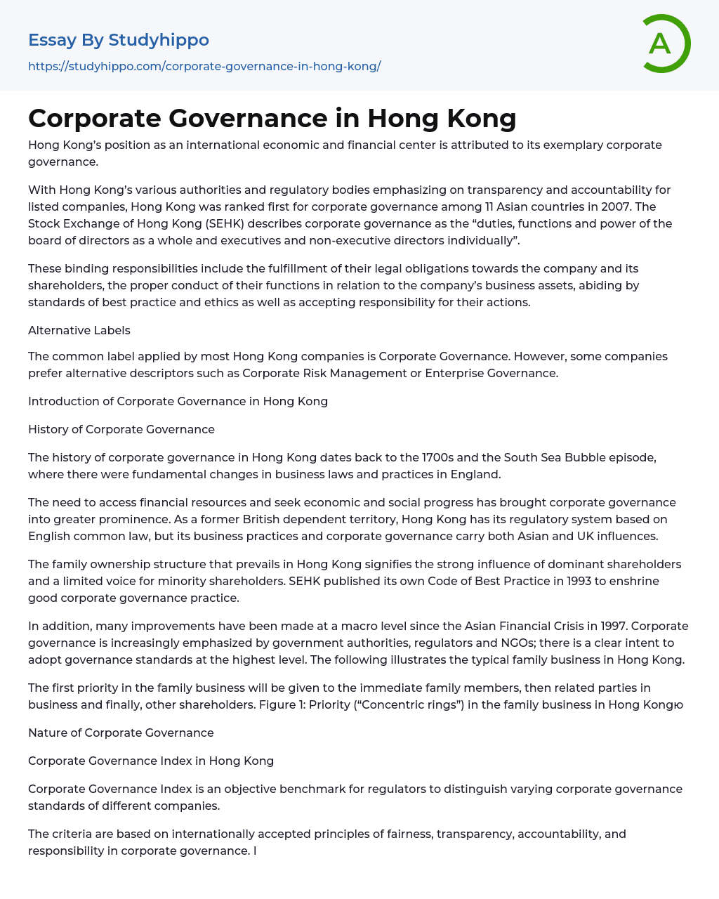 Corporate Governance in Hong Kong Essay Example