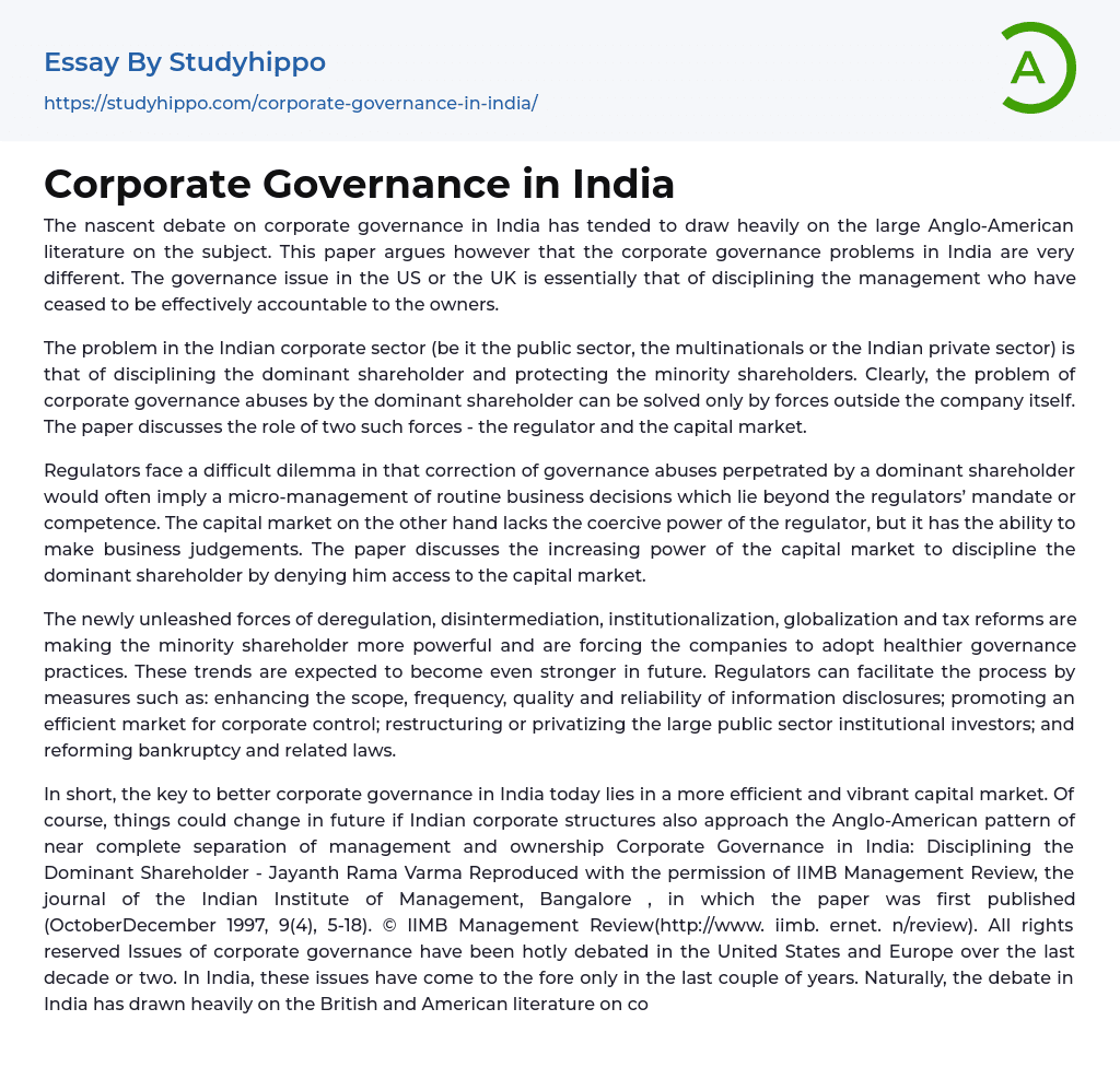 Corporate Governance in India Essay Example