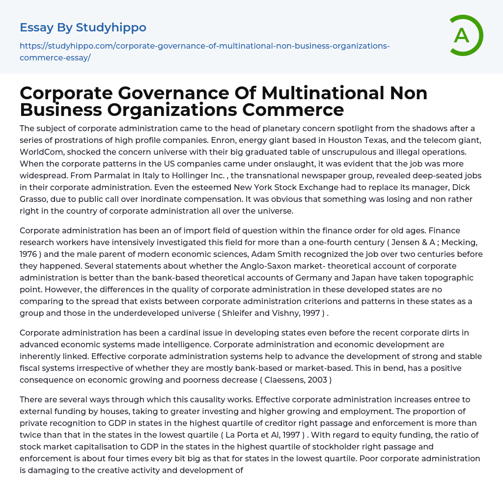 Corporate Governance Of Multinational Non Business Organizations Commerce Essay Example