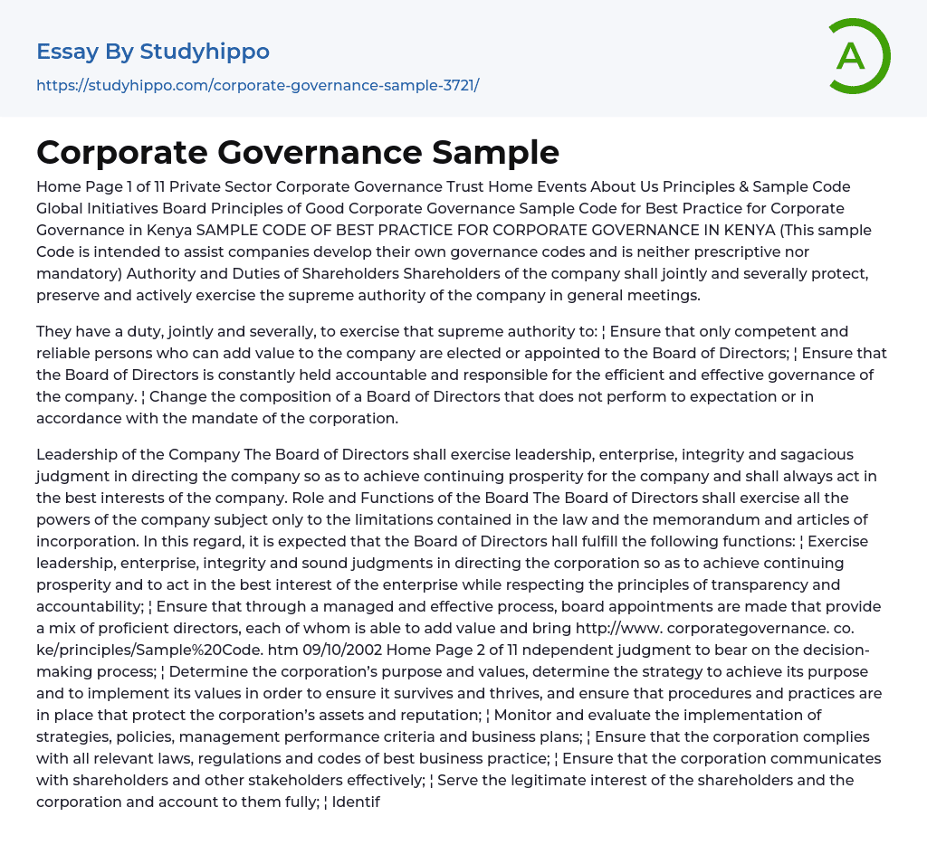 Corporate Governance Sample Essay Example