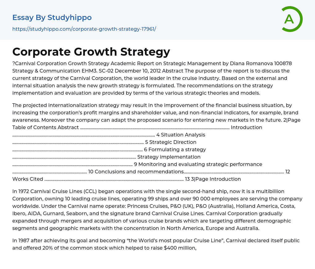 Corporate Growth Strategy Essay Example