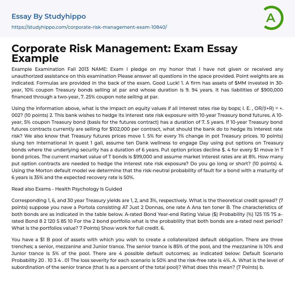 Corporate Risk Management: Exam Essay Example