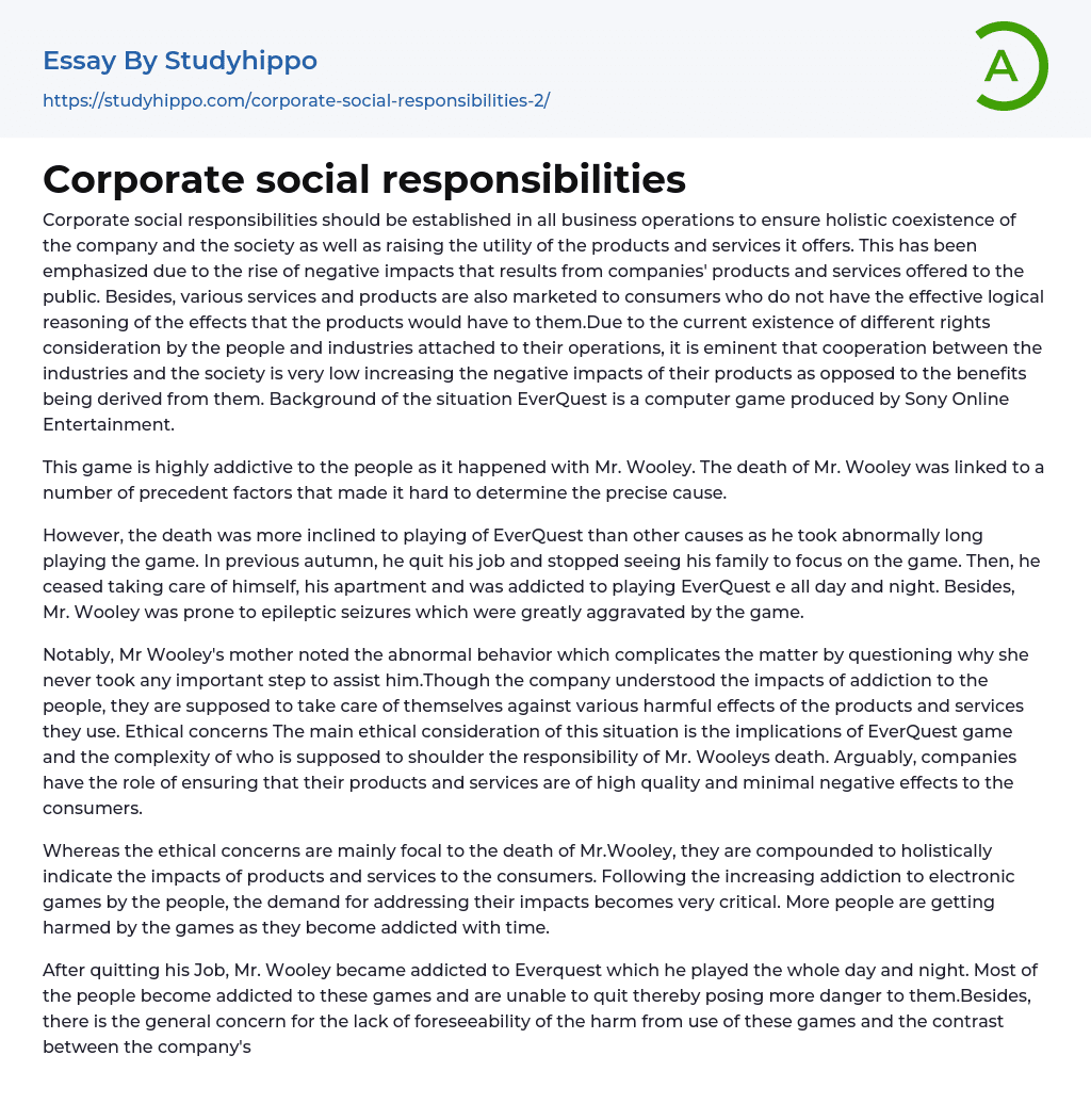 Corporate social responsibilities Essay Example