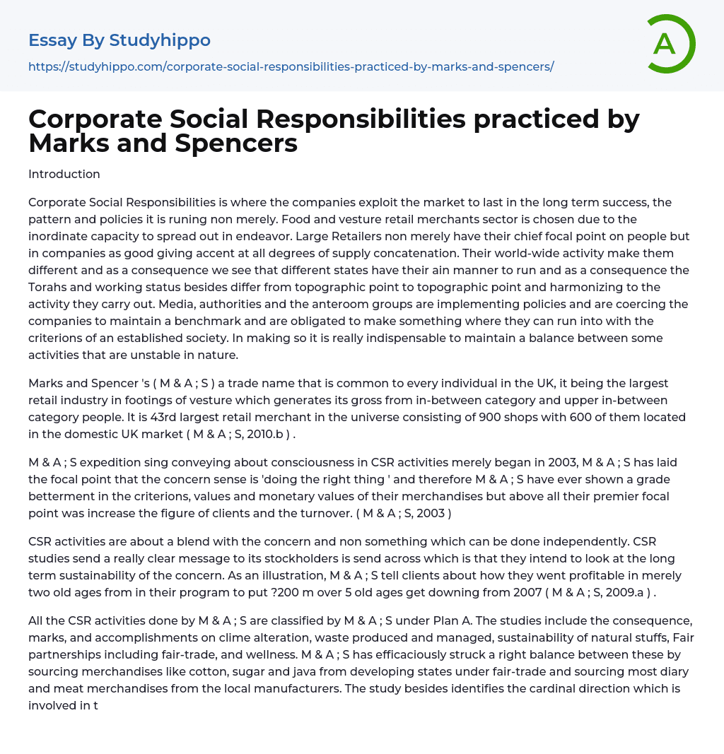 Corporate Social Responsibilities practiced by Marks and Spencers Essay Example