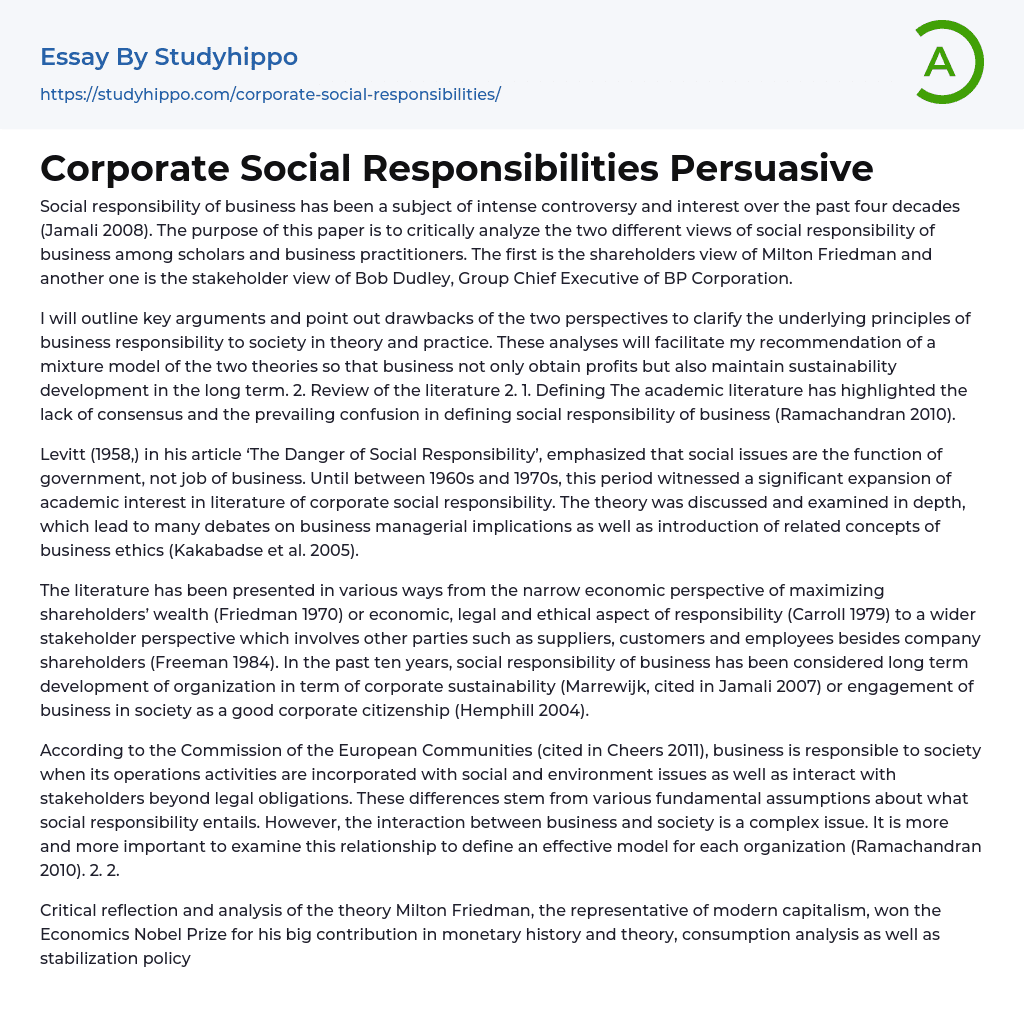 Corporate Social Responsibilities Persuasive Essay Example