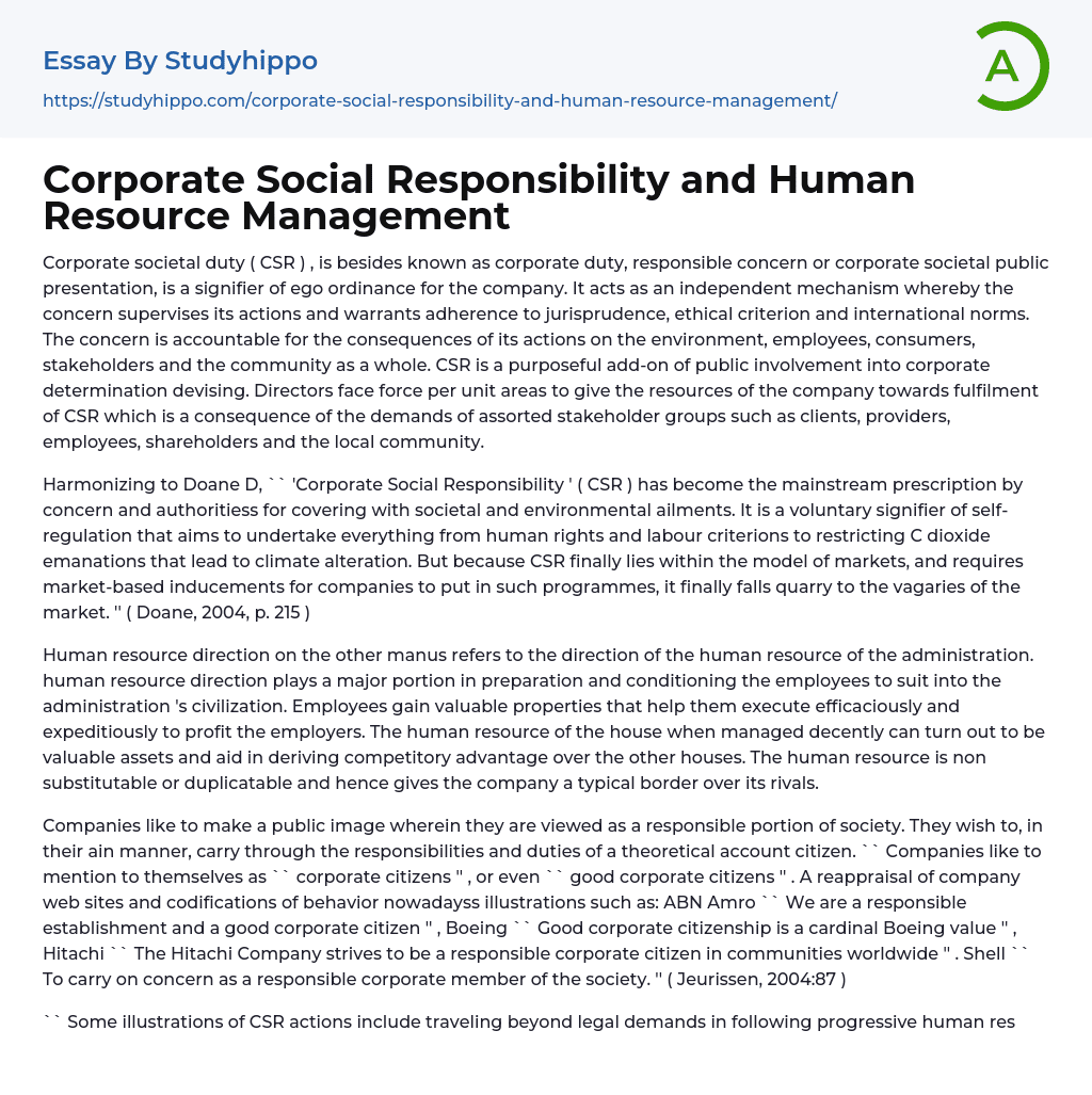 Corporate Social Responsibility and Human Resource Management Essay Example