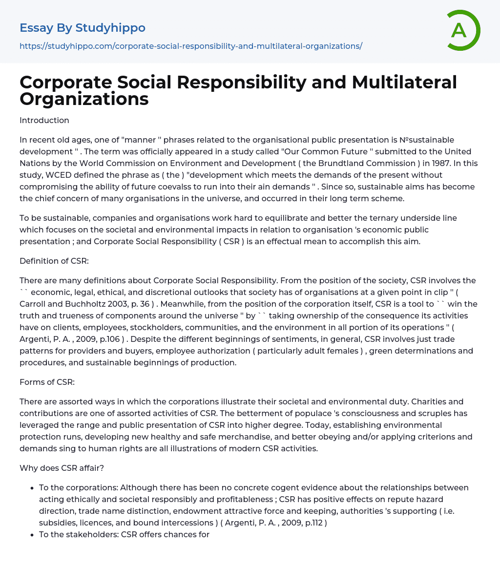 Corporate Social Responsibility and Multilateral Organizations Essay Example