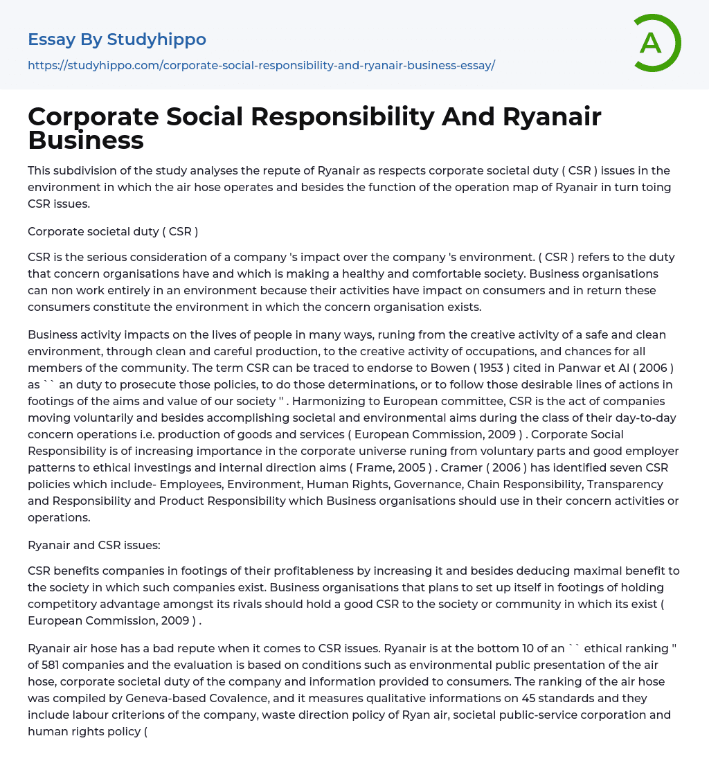 Corporate Social Responsibility And Ryanair Business Essay Example