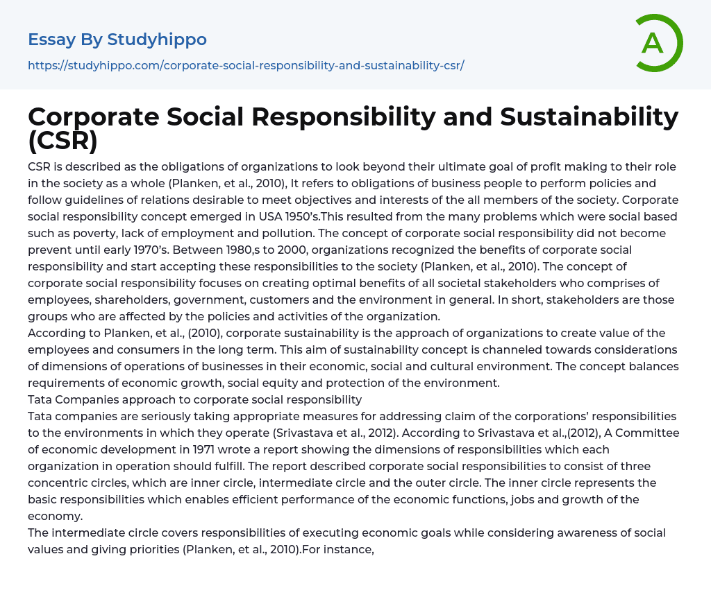 Corporate Social Responsibility and Sustainability (CSR) Essay Example