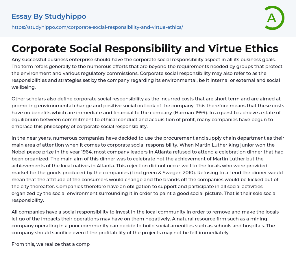 Corporate Social Responsibility and Virtue Ethics Essay Example