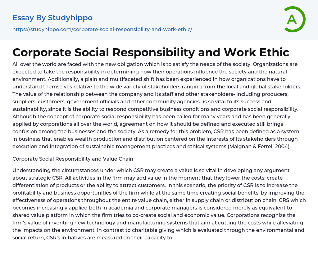 Corporate Social Responsibility and Work Ethic Essay Example