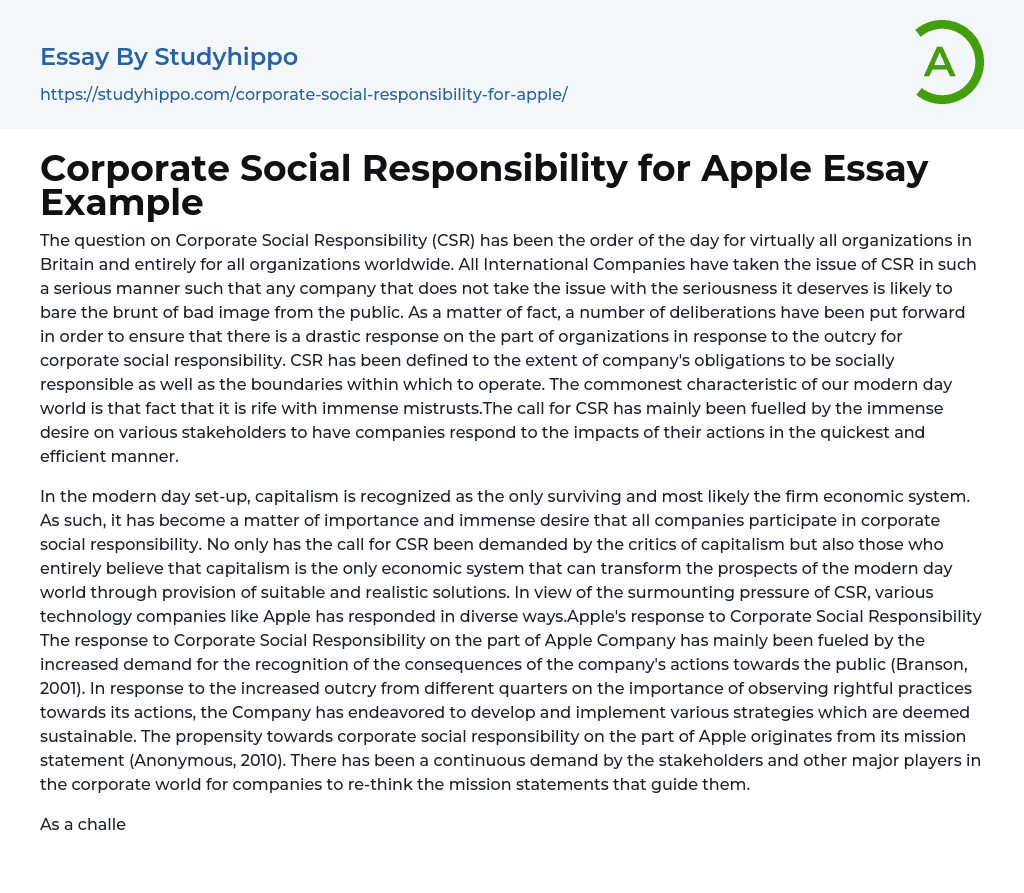 Corporate Social Responsibility for Apple Essay Example
