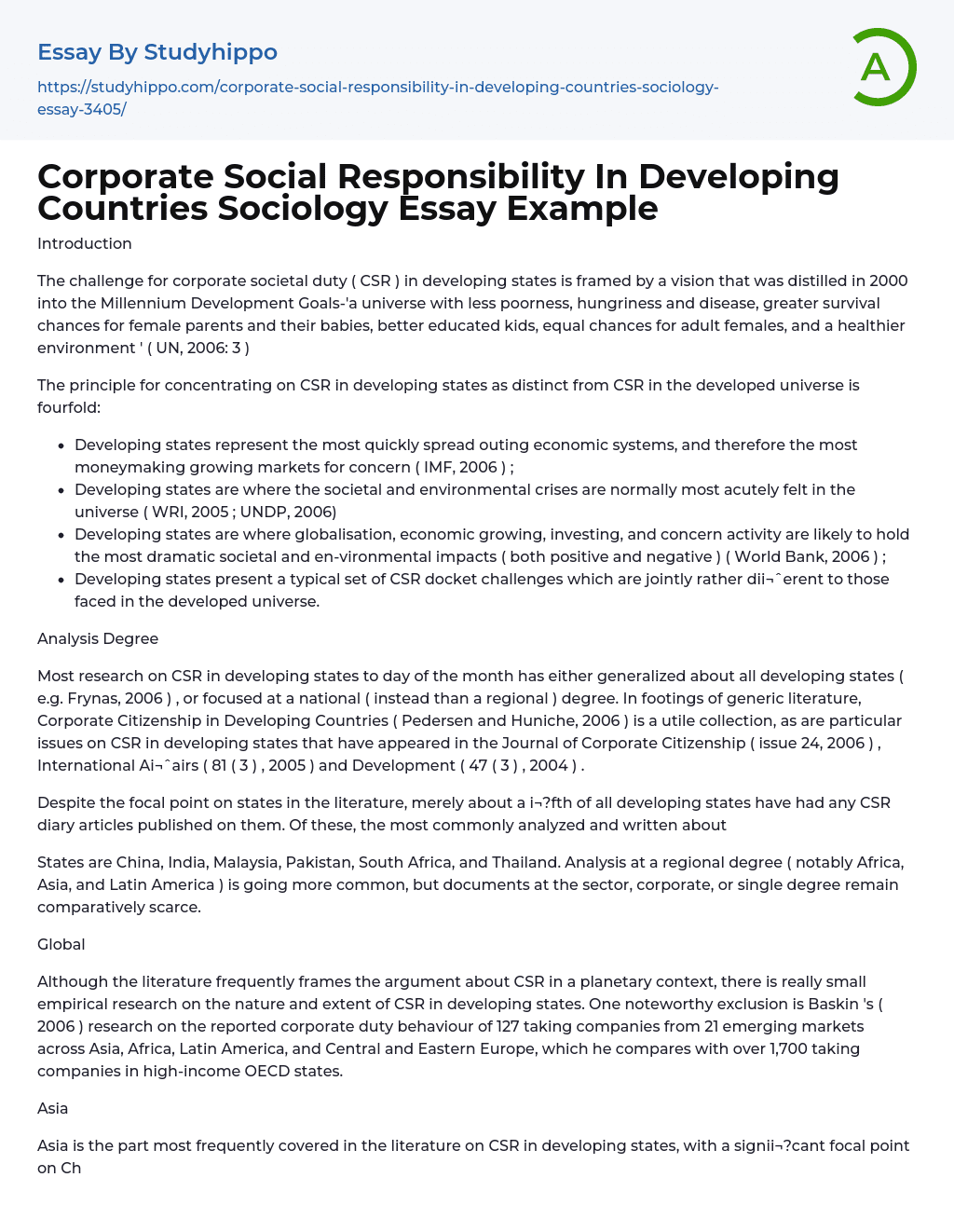 Corporate Social Responsibility In Developing Countries Sociology Essay Example