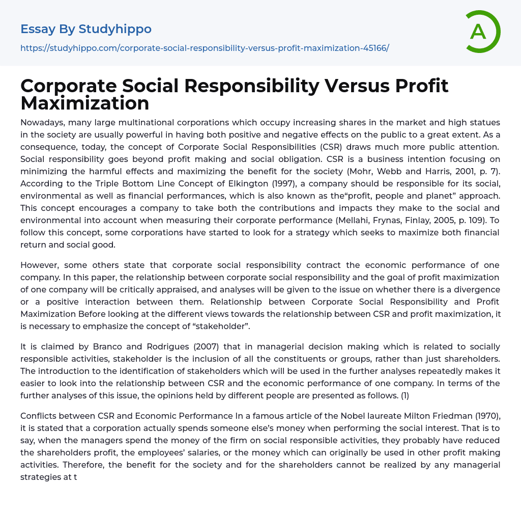 Corporate Social Responsibility Versus Profit Maximization Essay Example