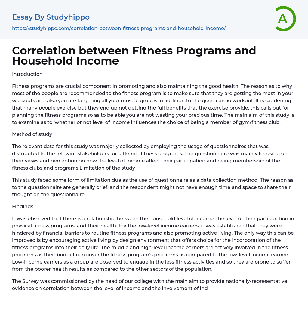 Correlation between Fitness Programs and Household Income Essay Example