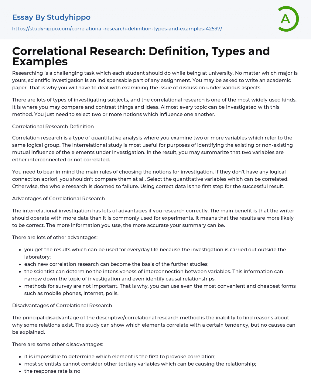 Correlational Research: Definition, Types and Examples Essay Example