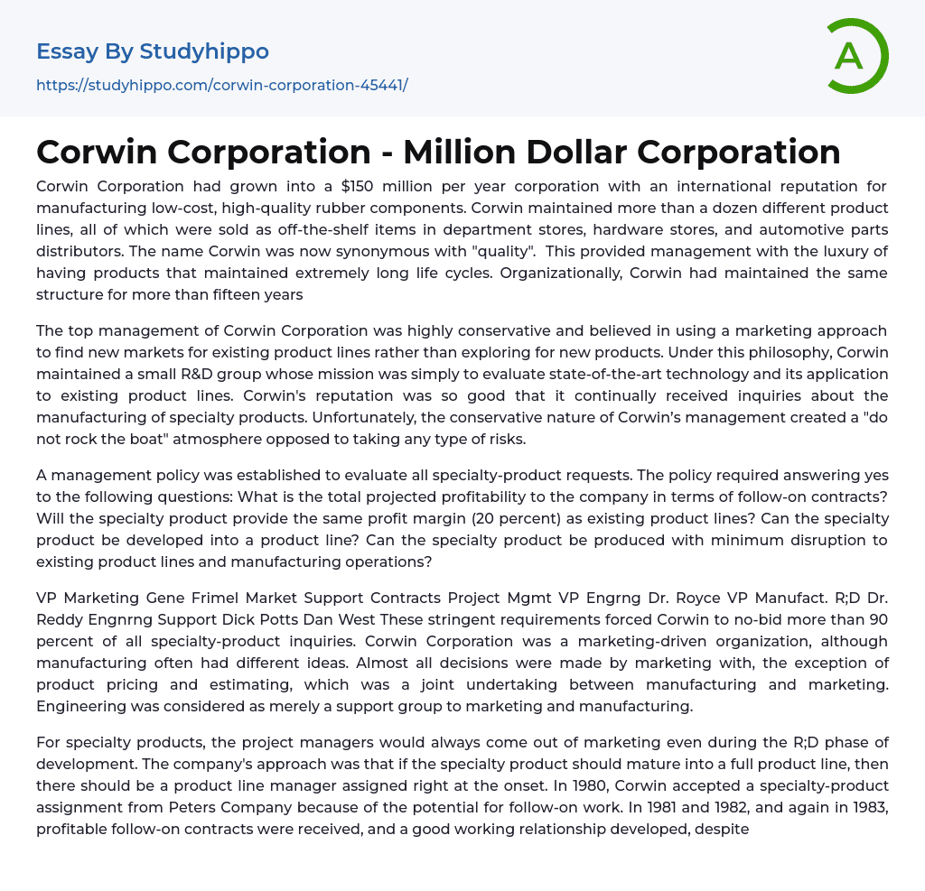 Corwin Corporation – Million Dollar Corporation Essay Example