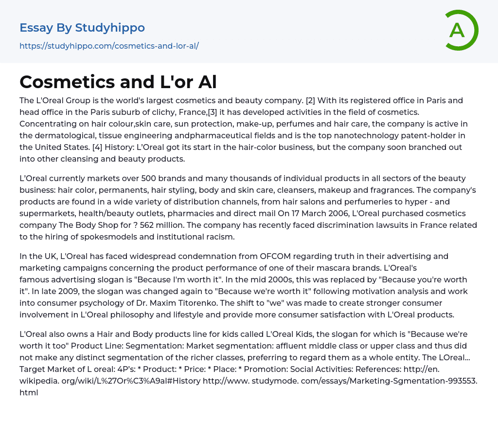 Cosmetics and L’or Al Essay Example
