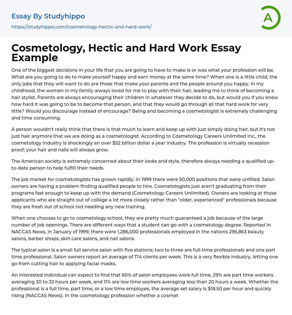 Cosmetology, Hectic and Hard Work Essay Example