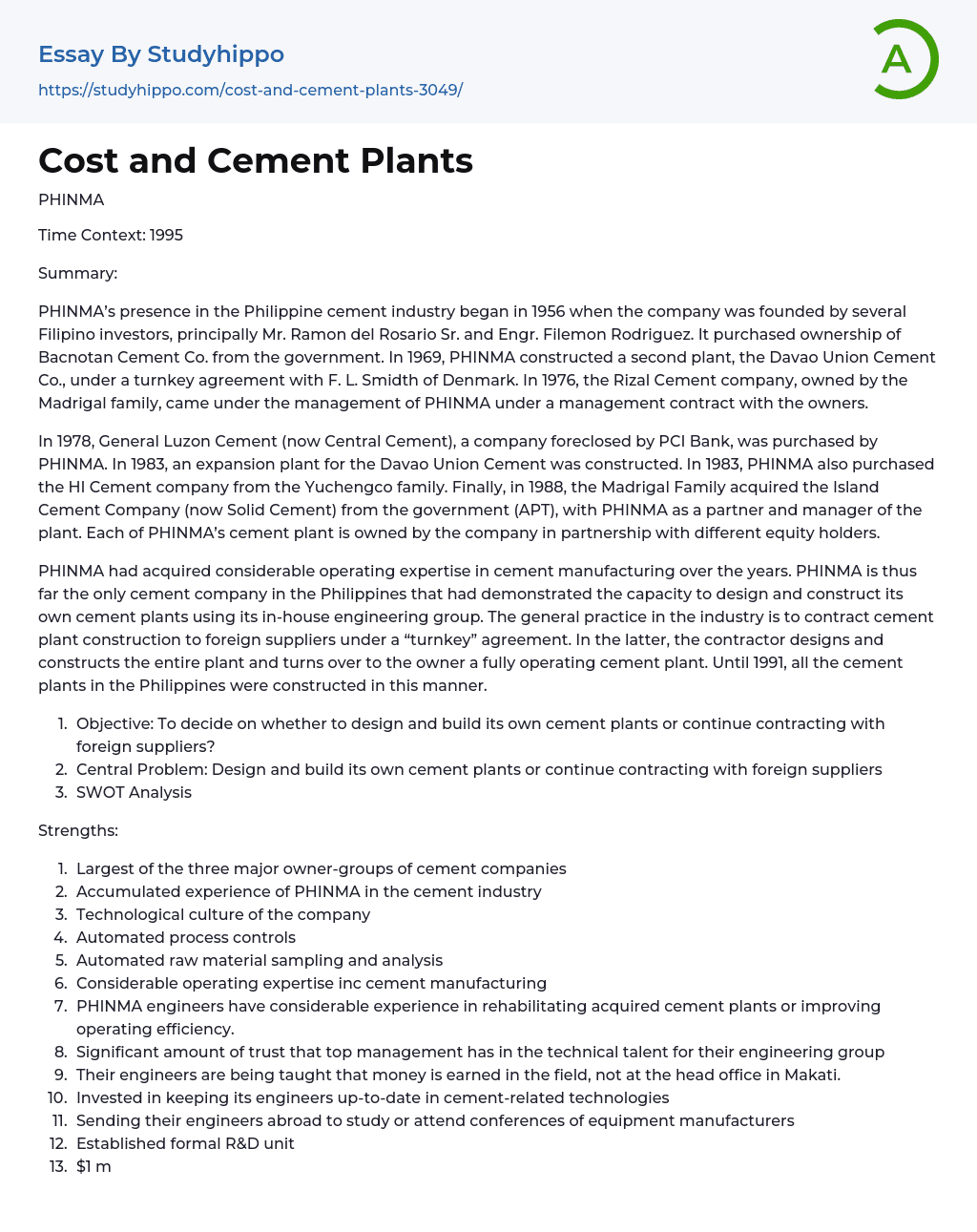 SWOT Analysis PHINMA: Cost and Cement Plants Essay Example