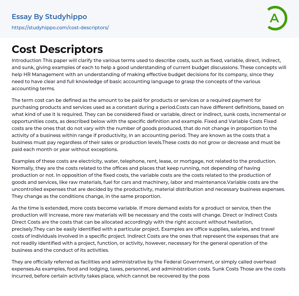Cost Descriptors Essay Example