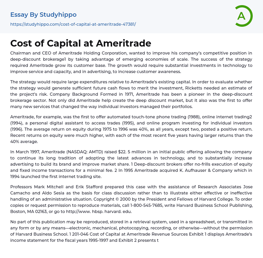 Cost of Capital at Ameritrade Essay Example