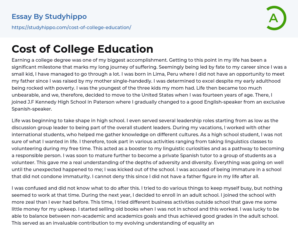 Cost of College Education Essay Example