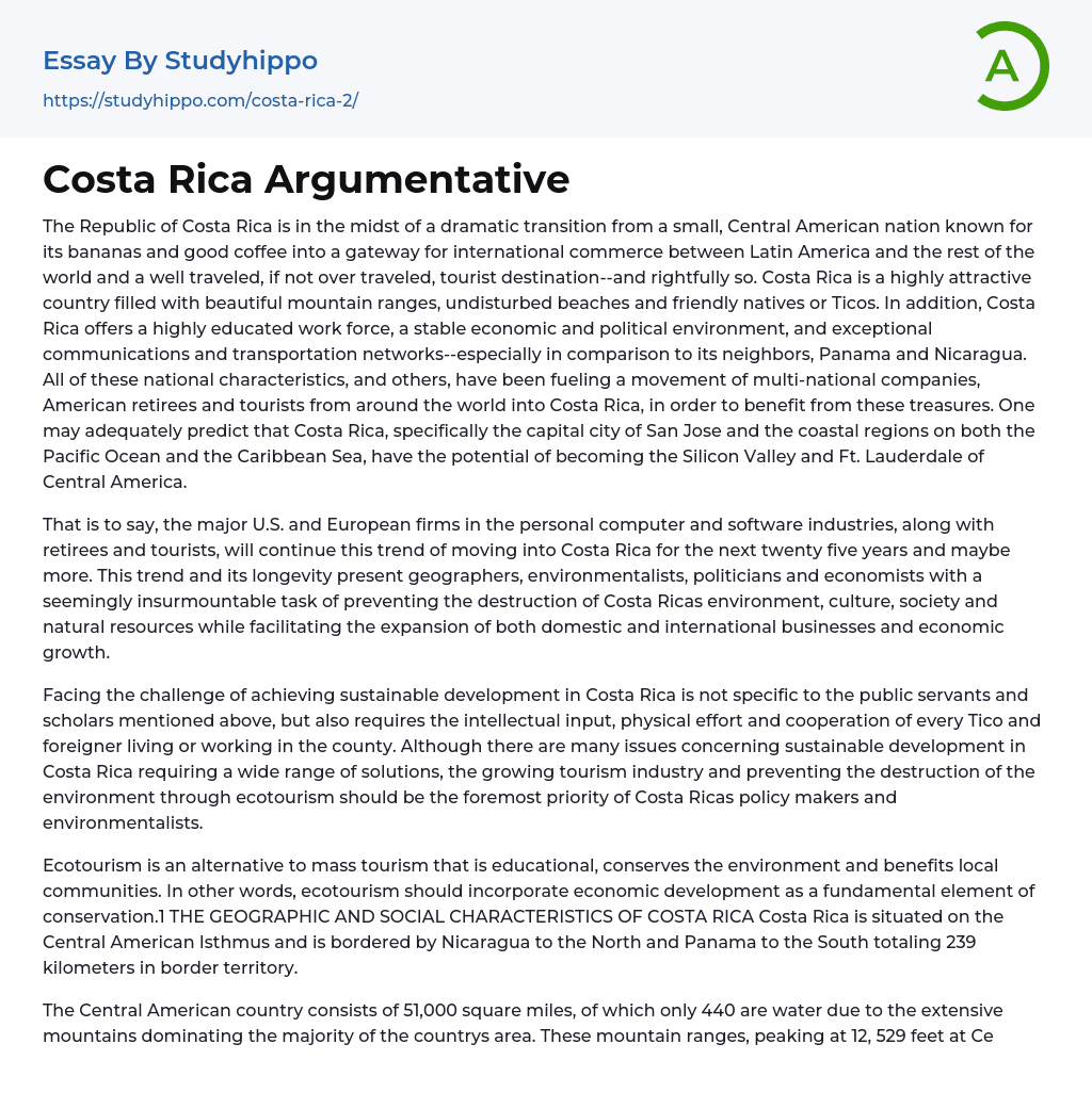 Costa Rica Argumentative Essay Example
