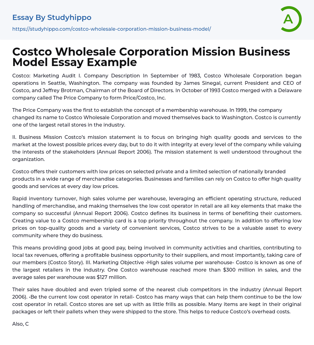 Costco Wholesale Corporation Mission Business Model Essay Example