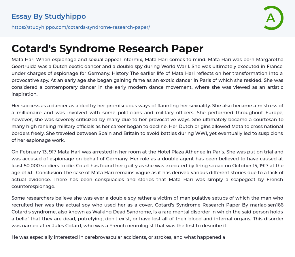 Cotard’s Syndrome Research Paper Essay Example