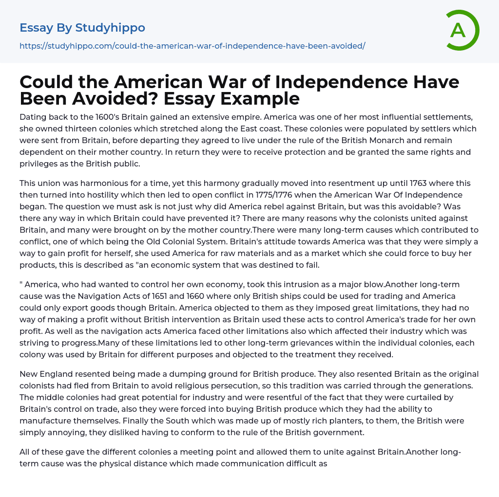 Could the American War of Independence Have Been Avoided? Essay Example