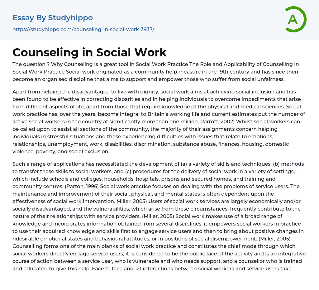 Counseling in Social Work Essay Example