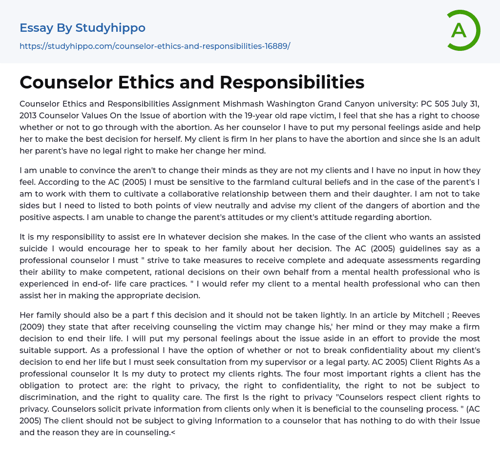 Counselor Ethics and Responsibilities Essay Example