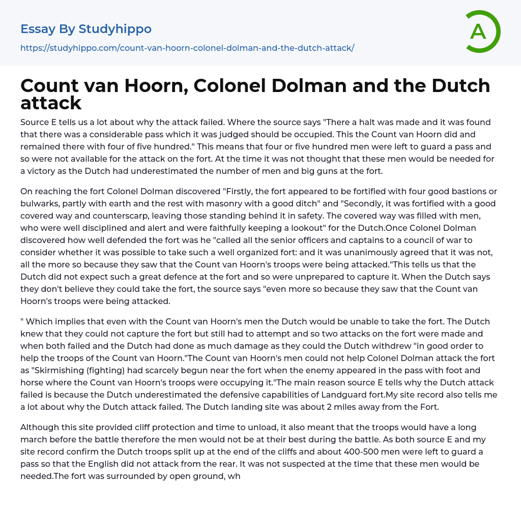 Count van Hoorn, Colonel Dolman and the Dutch attack Essay Example