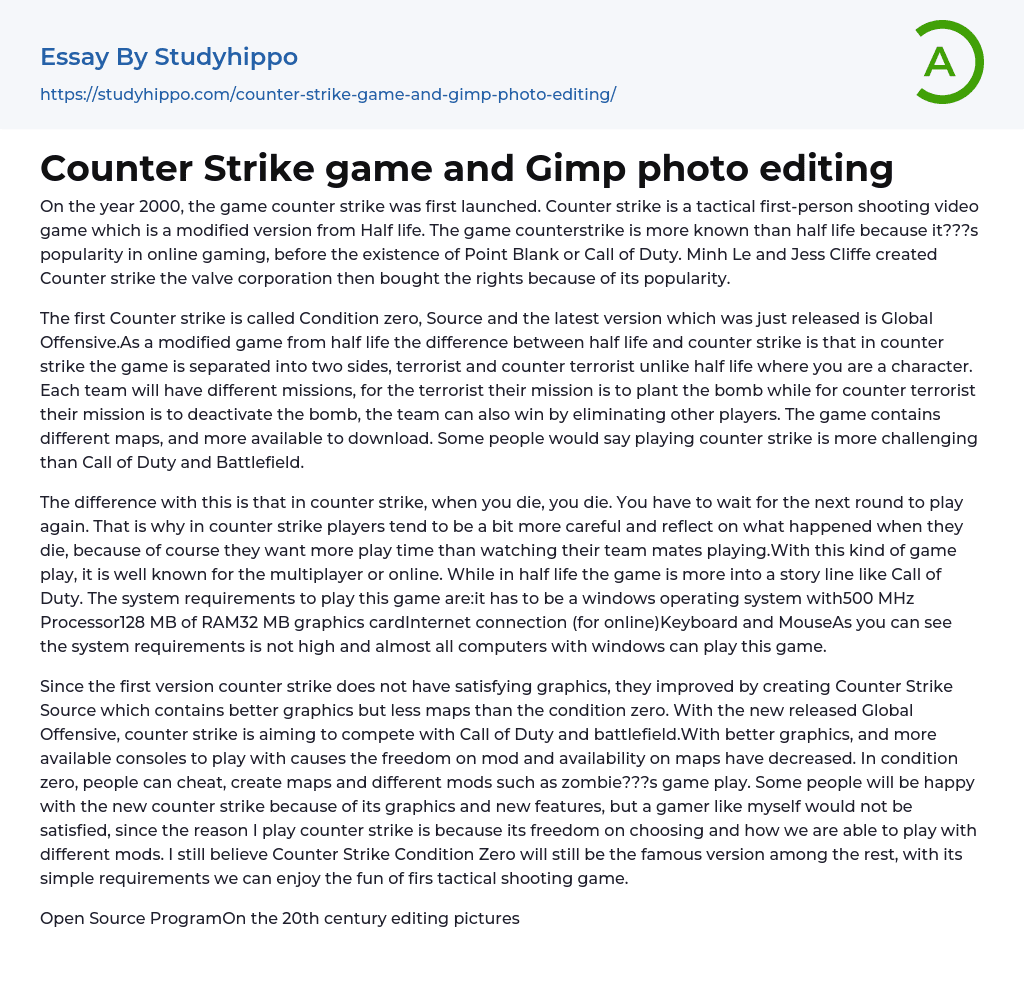 Counter Strike game and Gimp photo editing Essay Example