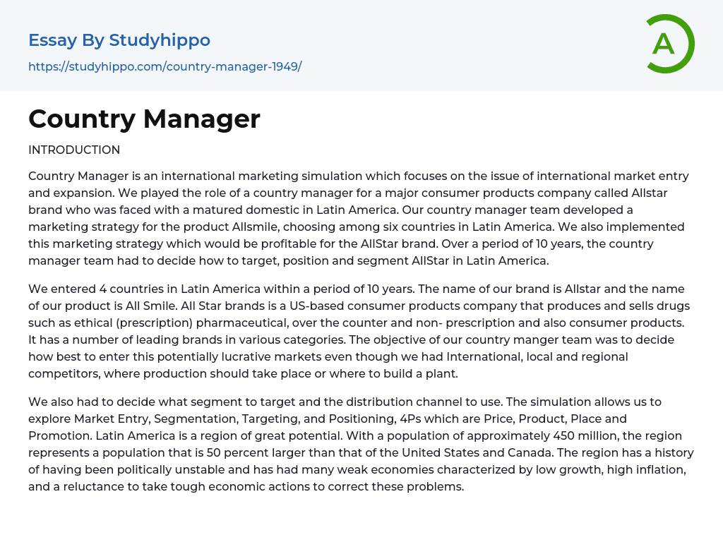 Country Manager Essay Example