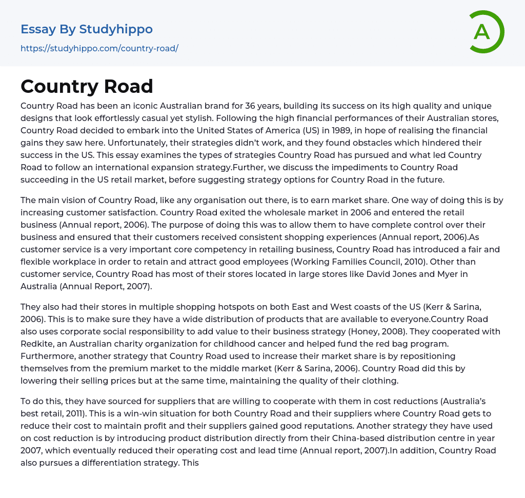 Country Road Essay Example