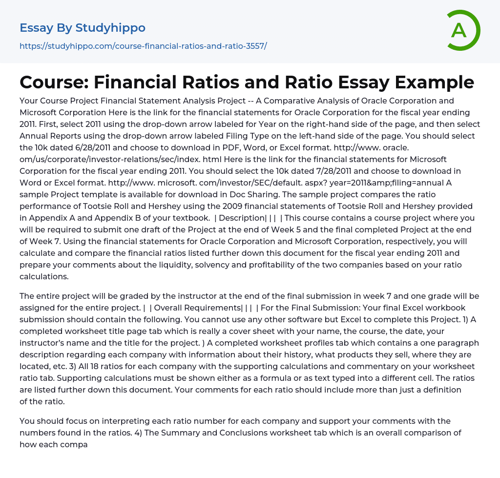Course: Financial Ratios and Ratio Essay Example