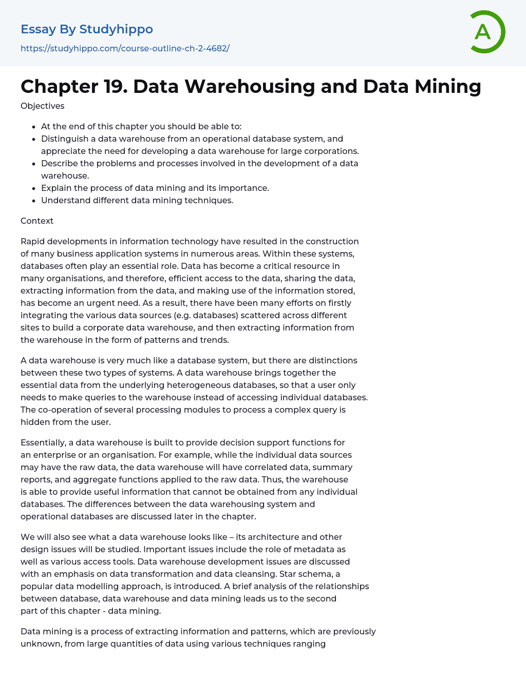 Chapter 19. Data Warehousing and Data Mining Essay Example