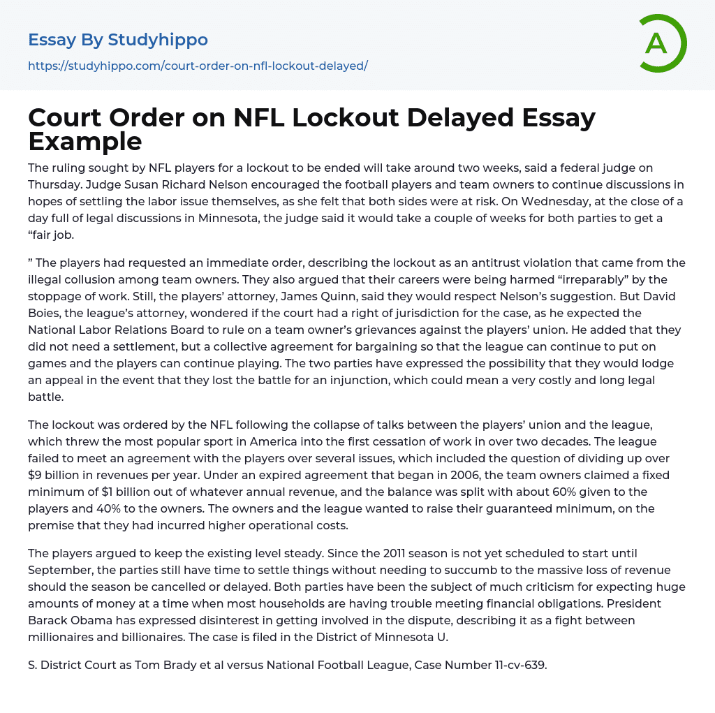 Court Order on NFL Lockout Delayed Essay Example