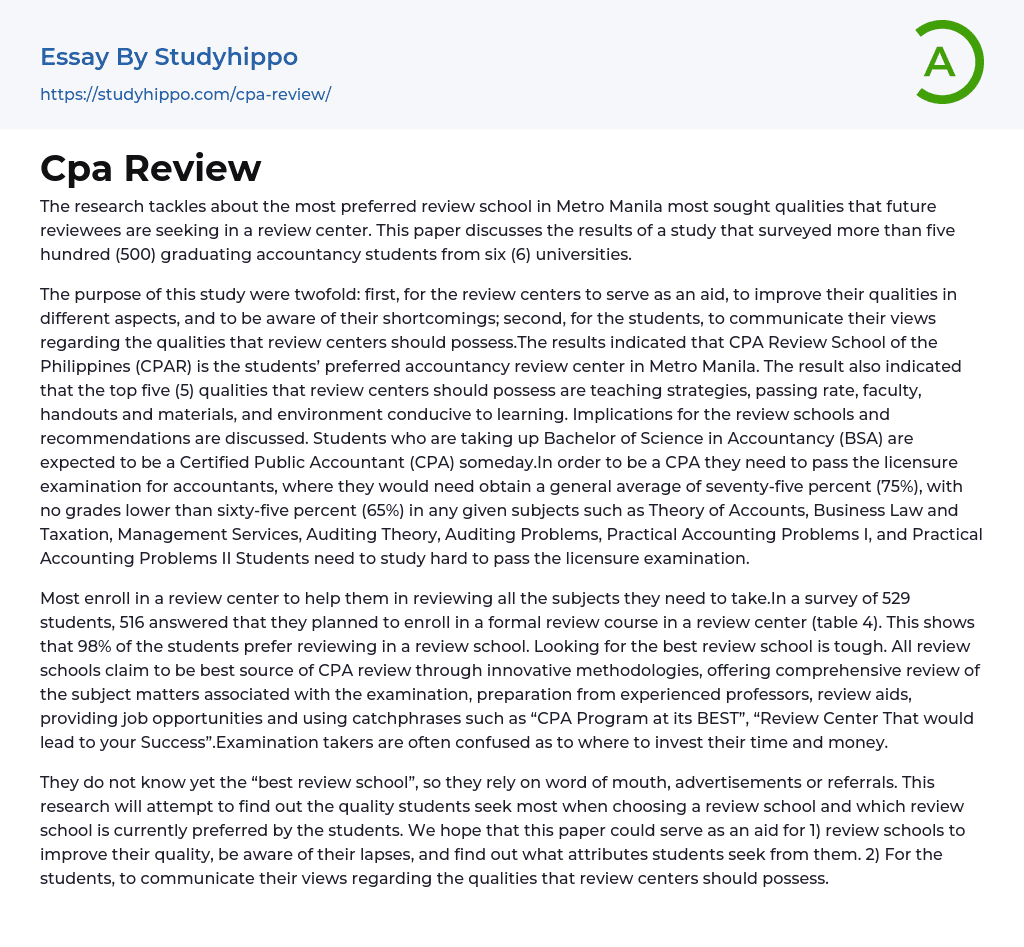 Cpa Review Essay Example